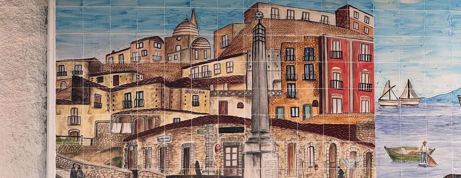 Grande pannello in ceramica dipinto a mano con una veduta di paese